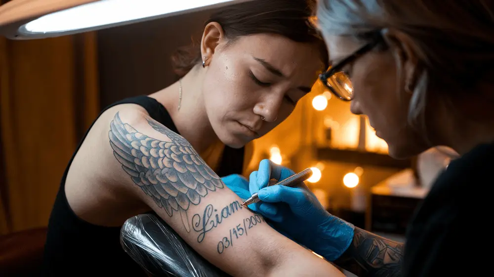 A person in a tattoo studio getting a memorial tattoo of a loved one’s name, surrounded by angel wings and a date, under warm studio lighting.