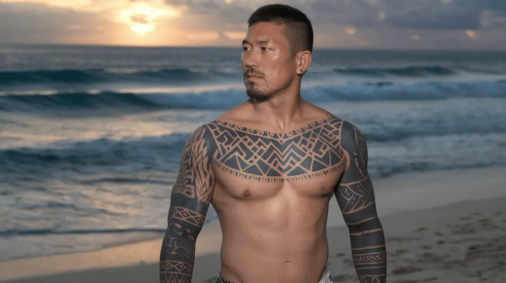 A Polynesian warrior with intricate tribal tattoos on his arms and chest, standing on a beach at sunset. His tattoos symbolize ancestry, bravery, and cultural identity.