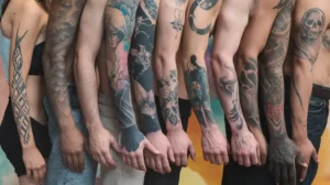 A diverse group of people with unique tattoos, standing together in an artistic setting, showcasing different tattoo styles such as tribal, watercolor, and realistic designs.