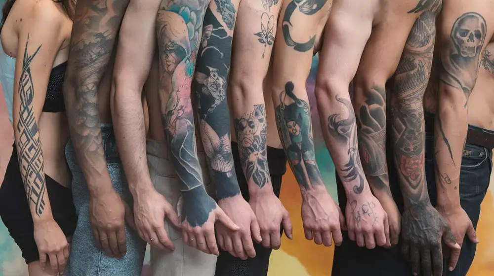 A diverse group of people with unique tattoos, standing together in an artistic setting, showcasing different tattoo styles such as tribal, watercolor, and realistic designs.