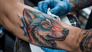 A close-up of a fusion tattoo featuring a wolf’s head, with one half in bold blackwork and the other in vibrant watercolor splashes.
