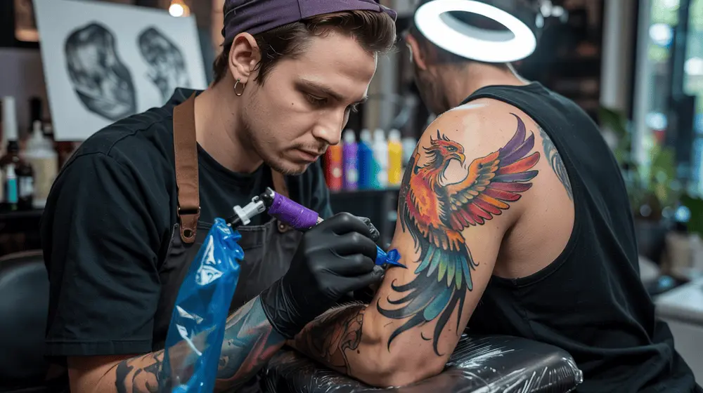 A tattoo artist wearing black gloves carefully inking a fusion phoenix tattoo, blending fiery watercolor wings with sharp blackwork details.