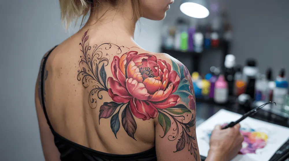 A delicate fusion tattoo on a woman’s shoulder blade, featuring a colorful watercolor peony blended with intricate blackwork vines.